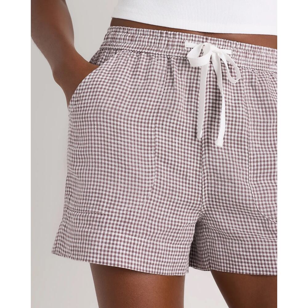 Quince 100% European Linen Shorts Taupe Brown Gingham S - Picture 2 of 10